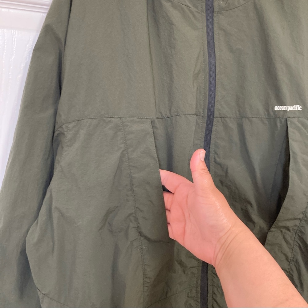 Ocean Pacific Men’s Windbreaker Jacket Green with Stand-Up Collar Hooded Sz L - Picture 8 of 16